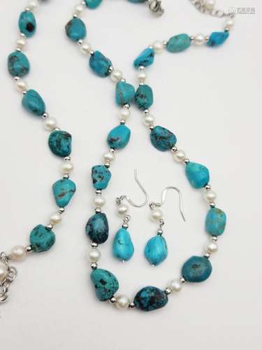 3 PC SET! TURWUOISE AND 925 BEADED NECKLACE