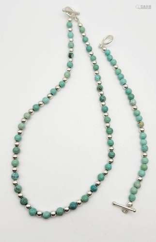 SET! GREEN TURQUOISE AND 925 BEAD NECKLACE