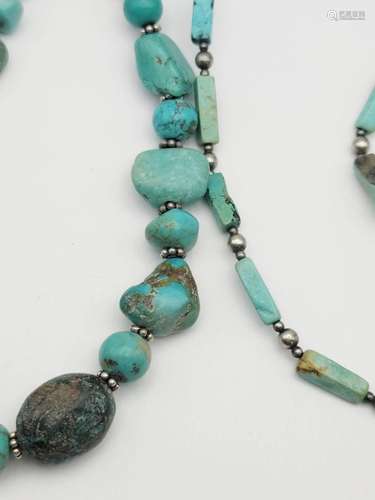 2-GREEN TURQUOISE BEADED NECKALCES WITH 925