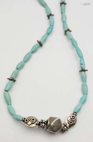 TURQUOISE & STERLING BEADED NECKLACE WITH