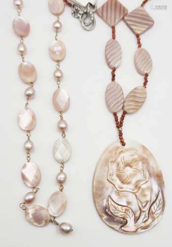 2-PINK CARVED SHELL NECKLACES WITH 925 ACCENTS