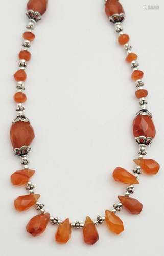 18 INCH ORANGE CITRINE AND 925 BEAD NECKLACE