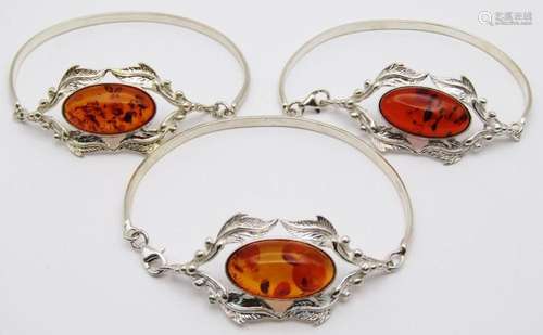 3-STERLING HINGED BANGLES WITH BALTIC AMBER