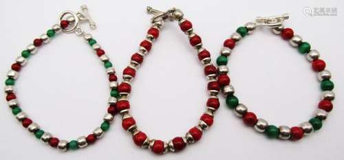 3-STERLING BEADED BRACELETS WITH RED JASPER