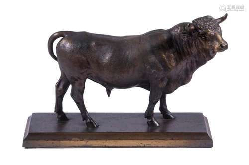 BRONZED SPELTER TABLETOP SCULPTURE OF A BULL