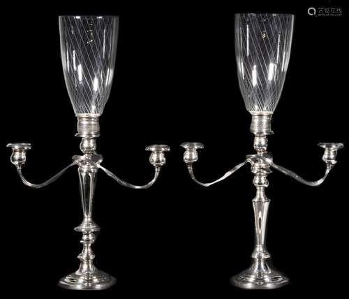 PR GORHAM STERLING CANDELABRA WITH PR HURRICANE SHADES