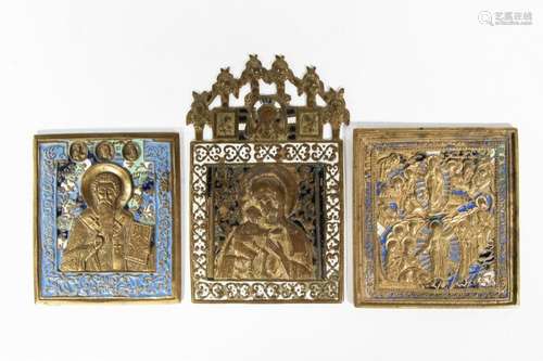 GROUP OF RUSSIAN ENAMELED BRASS ICONS