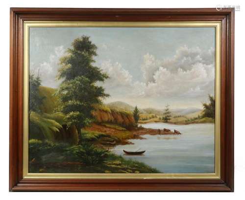 NAIVE PAINTING WATER SCENE WITH CANOE