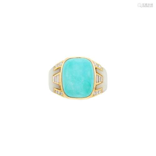 Gold, Turquoise, Diamond and Mother-of-Pearl Ring