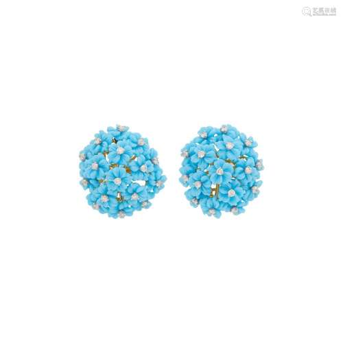 Pair of Gold, Carved Turquoise Floret and Diamond Dome Earcl...