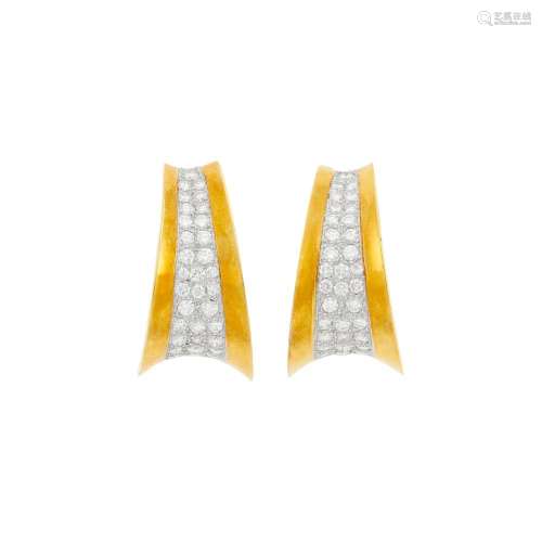 Pair of Two-Color Gold and Diamond Hoop Earclips