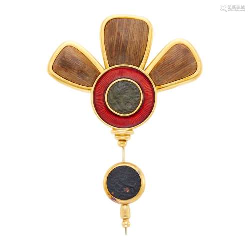 Elizabeth Gage Gold, Wood, Red Guilloché Enamel and Silver a...