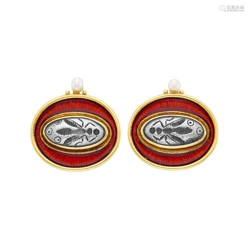 Elizabeth Gage Pair of Gold, Silver Intaglio, Red Enamel and...