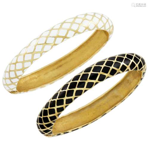 Pair of Gold and White and Black Enamel Bangle Bracelets