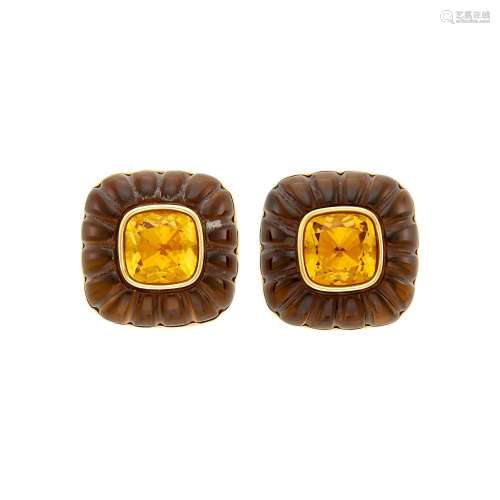 Trianon Pair of Gold, Citrine and Carved Smoky Quartz Earcli...