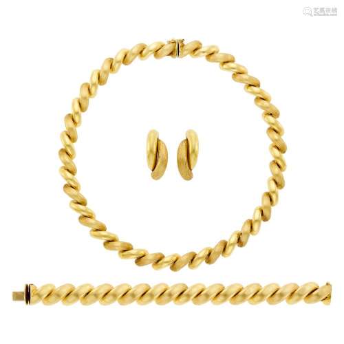 Gold 'San Marco' Link Necklace, Bracelet and Pair of...