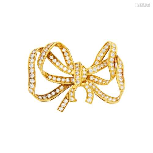 Gold and Diamond Bow Clip-Brooch