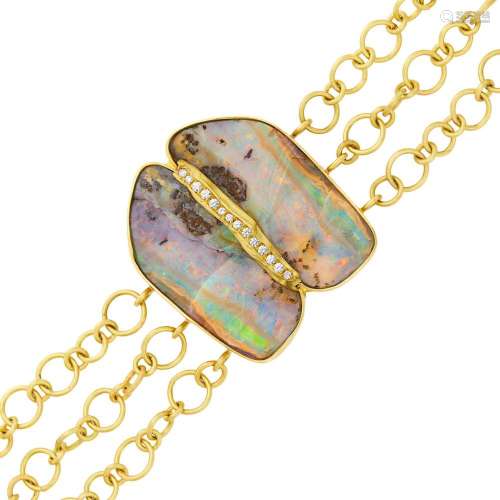 Triple Strand Gold, Boulder Opal and Diamond Bracelet