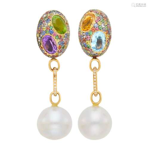 Pair of Rose Gold, Gem-Set and Multicolored Sapphire, South ...