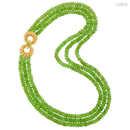 Triple Strand Peridot Bead Necklace with Gold Shrimp Clasp