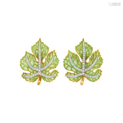 Moira Pair of Two-Color Gold, Plique-à-Jour Green Enamel and...