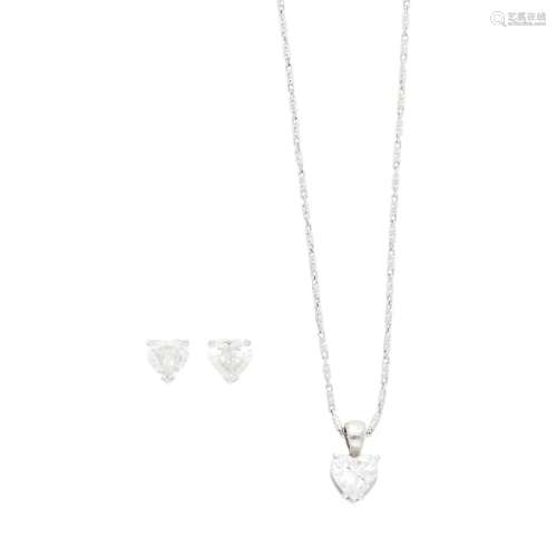 Pair of White Gold and Diamond Stud Earrings and Pendant wit...