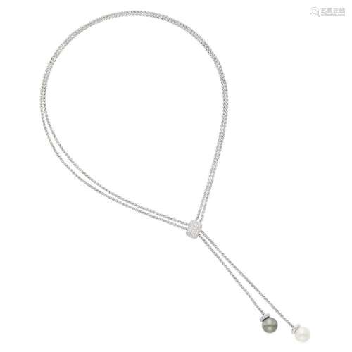 White Gold, Gray and White Cultured Pearl and Diamond Lariat...