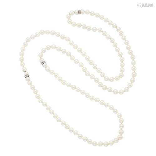 Long Cultured Pearl, White Gold and Diamond Necklace