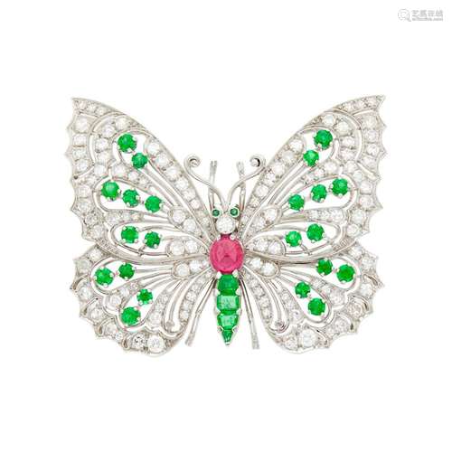 Platinum, Ruby, Emerald and Diamond Butterfly Brooch