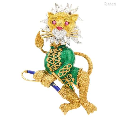 Two-Color Gold, Enamel, Ruby and Diamond Lion Tamer Clip-Bro...