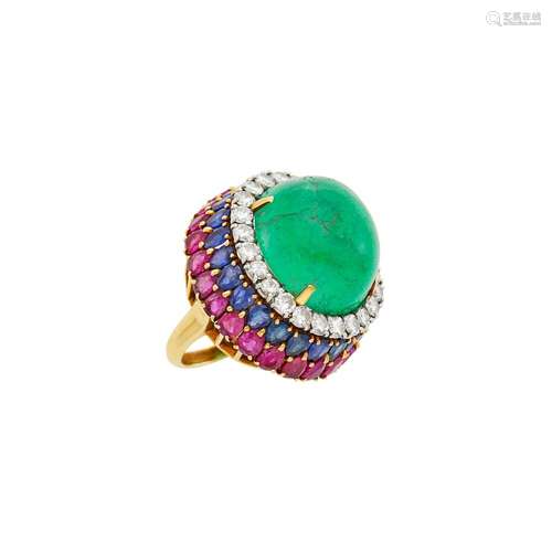 Gold, Cabochon Emerald, Diamond, Ruby and Sapphire Ring