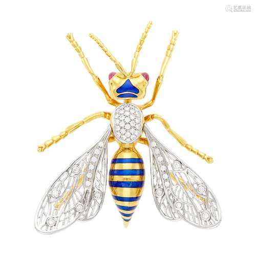 Two-Color Gold, Diamond, Cabochon Ruby and Blue Enamel Bee C...