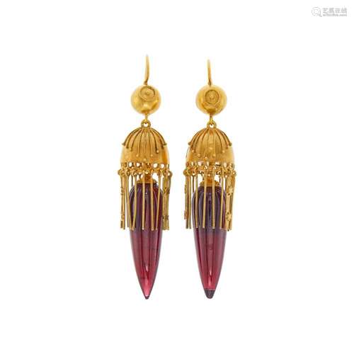 Pair of Etruscan Revival Gold and Garnet Fringe Pendant-Earr...