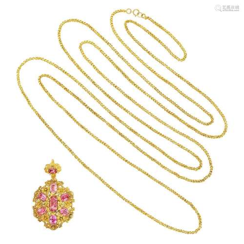 Georgian Gold and Foil-Backed Pink Topaz Pendant with Long G...