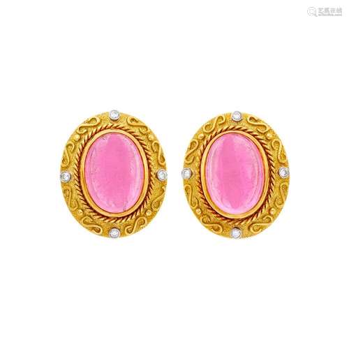 Pair of Gold, Cabochon Pink Tourmaline and Diamond Earclips