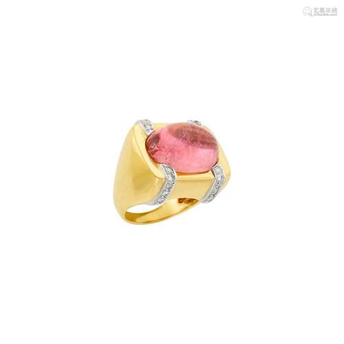 Two-Color Gold, Cabochon Pink Tourmaline and Diamond Ring