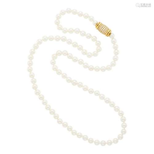 Long Cultured Pearl Necklace with Gold and Diamond Clasp