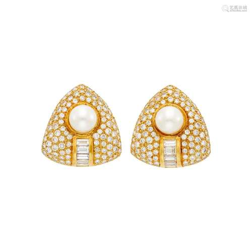 Pair of Gold, Cultured Pearl and Diamond Earclips