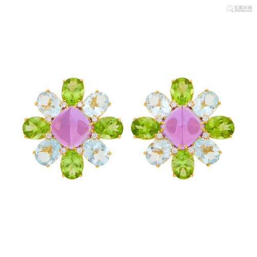 Pair of Gold, Amethyst, Peridot, Aquamarine and Diamond Earc...