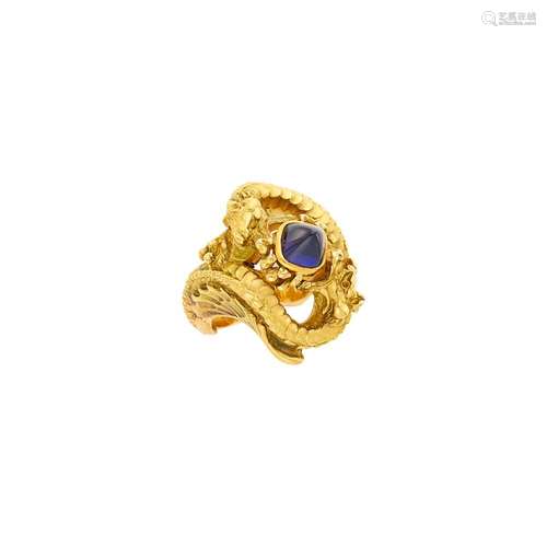 Gold and Cabochon Sapphire Dragon Dome Ring