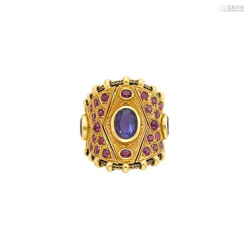 Elizabeth Gage Wide Flexible Gold, Iolite and Ruby Ring