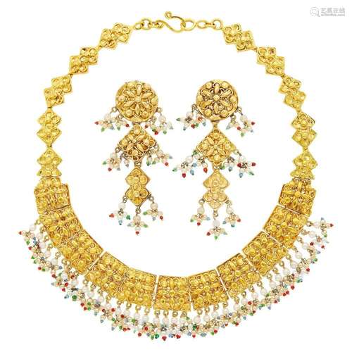 Indian High Karat Gold, Freshwater Pearl and Glass Bead Frin...