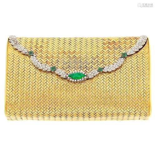 Two-Color Woven Gold, Platinum, Diamond and Emerald Clutch