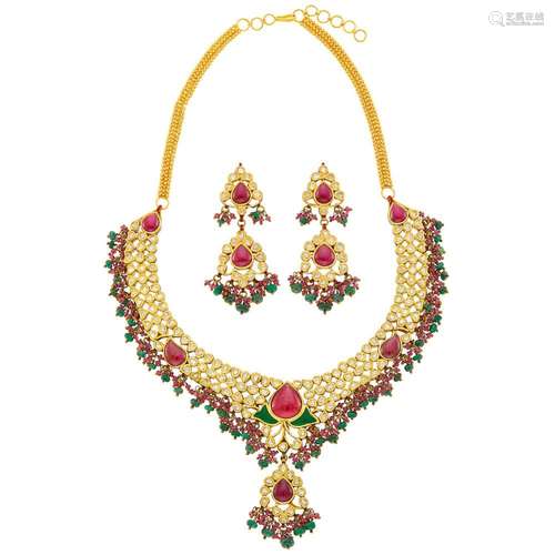 Indian High Karat Gold, Foil-Backed Diamond, Ruby, Emerald a...