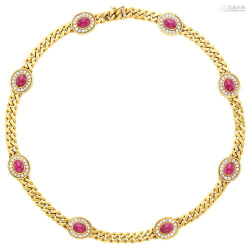 Gold, Cabochon Ruby and Diamond Curb Link Chain Necklace