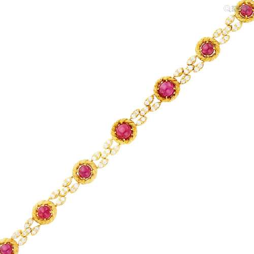 Gold, Cabochon Ruby and Diamond Bracelet