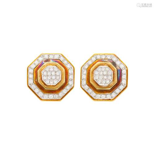 Pair of Two-Color Gold and Diamond Earclips