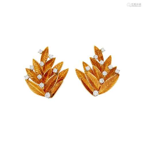 Pair of Gold and Diamond Leaf Earclips