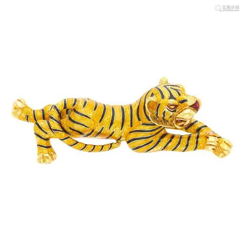 Gold and Enamel Tiger Clip-Brooch