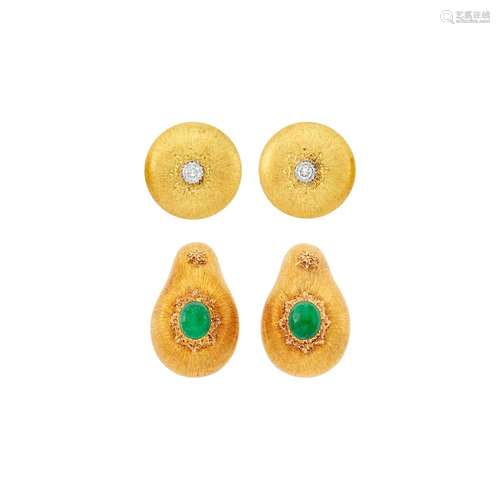 Two Pairs of Buccellati Rose and Yellow Gold, Cabochon Emera...